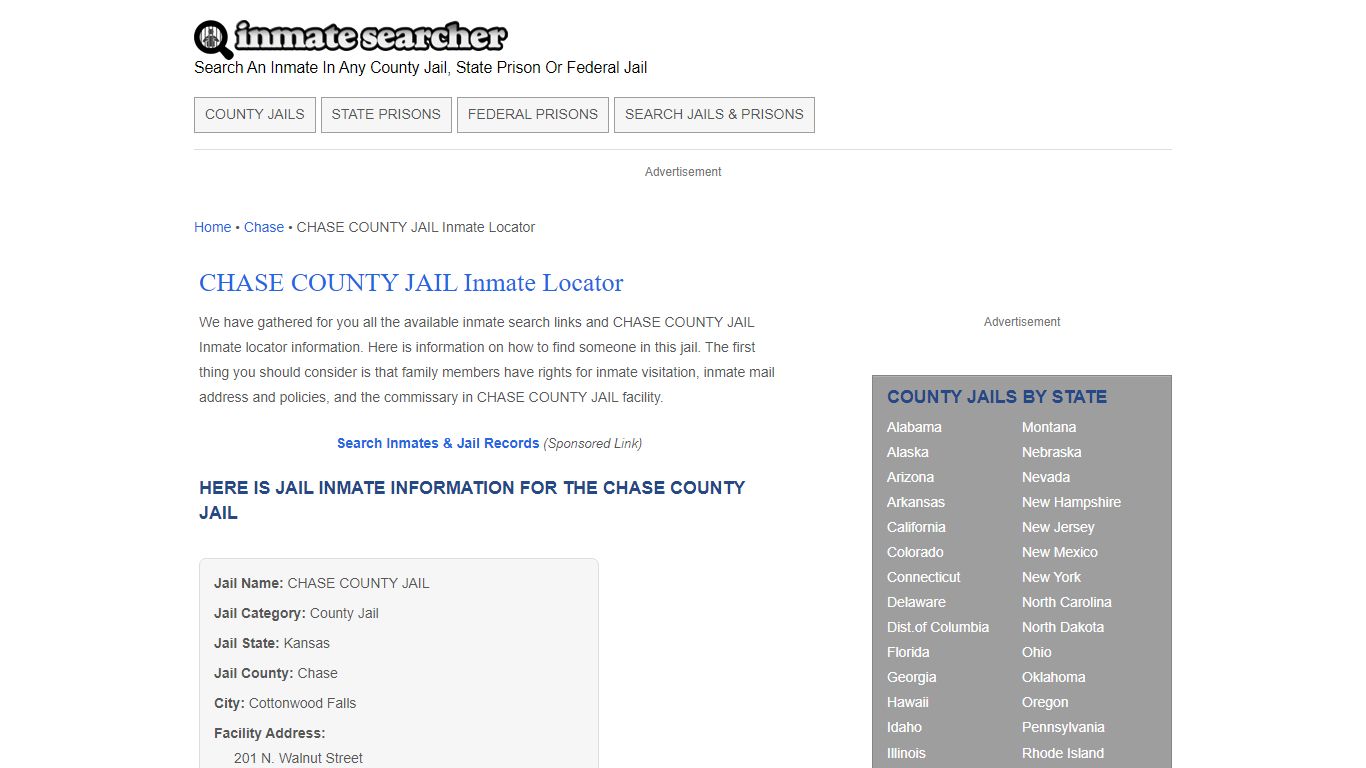 CHASE COUNTY JAIL Inmate Locator - Inmate Searcher